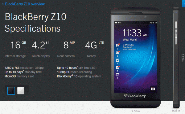 BlackberryZ10 Specs